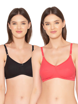 Women's Pack of 2 Non-Padded, Wirefree, Full-Coverage Bra (COMB06-BLACK & CORAL)