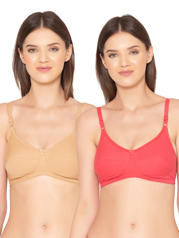Women's Pack of 2 Non-Padded, Wirefree, Full-Coverage Bra (COMB06-NUDE & CORAL)