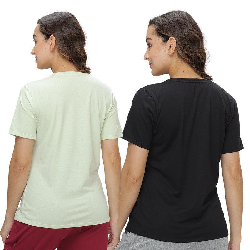 Groversons Paris Beauty Women’s Cotton Rich Vector Crew Neck Design T-Shirt Combo (COMTSHIRT38- LIGHT PARROT GREEN & BLACK)