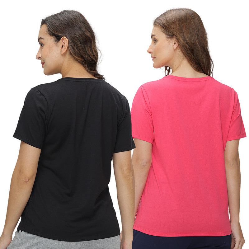 Groversons Paris Beauty Women’s Cotton Rich Vector Crew Neck Design T-Shirt Combo (COMTSHIRT39-FUSHIA & BLACK)