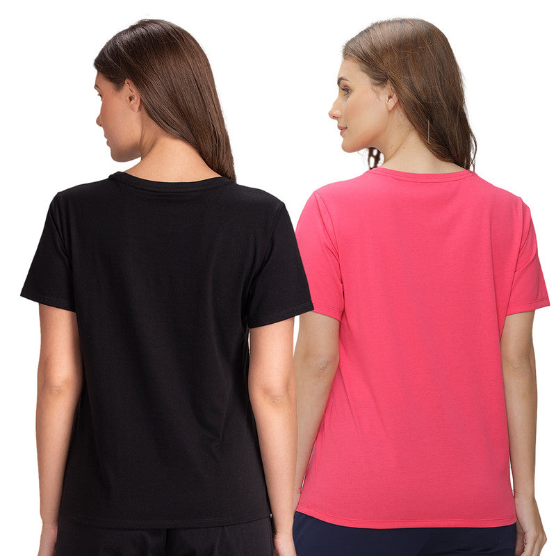 Groversons Paris Beauty Women’s Cotton Rich Vector Crew Neck Design T-Shirt Combo (COMTSHIRT38-FUSHIA & BLACK)