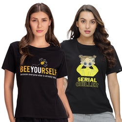 Groversons Paris Beauty Women’s Cotton Rich Vector Crew Neck Design T-Shirt Combo (COMTSHIRT39- BLACK & BLACK)