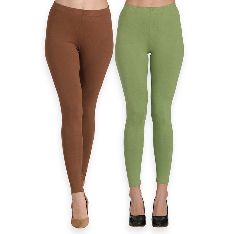 Groversons Paris Beauty Women's Pack of 2 Regular Leggings (CADBURRY & OLIVE GREEN)