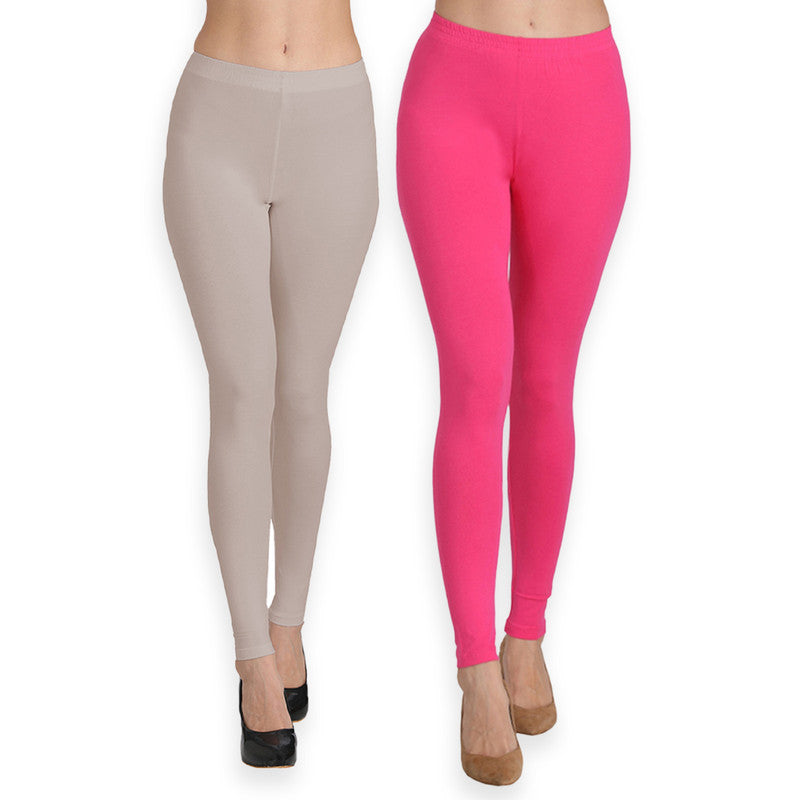 Groversons Paris Beauty Women's Pack of 2 Regular Leggings (CEMENT & FUSHIA)