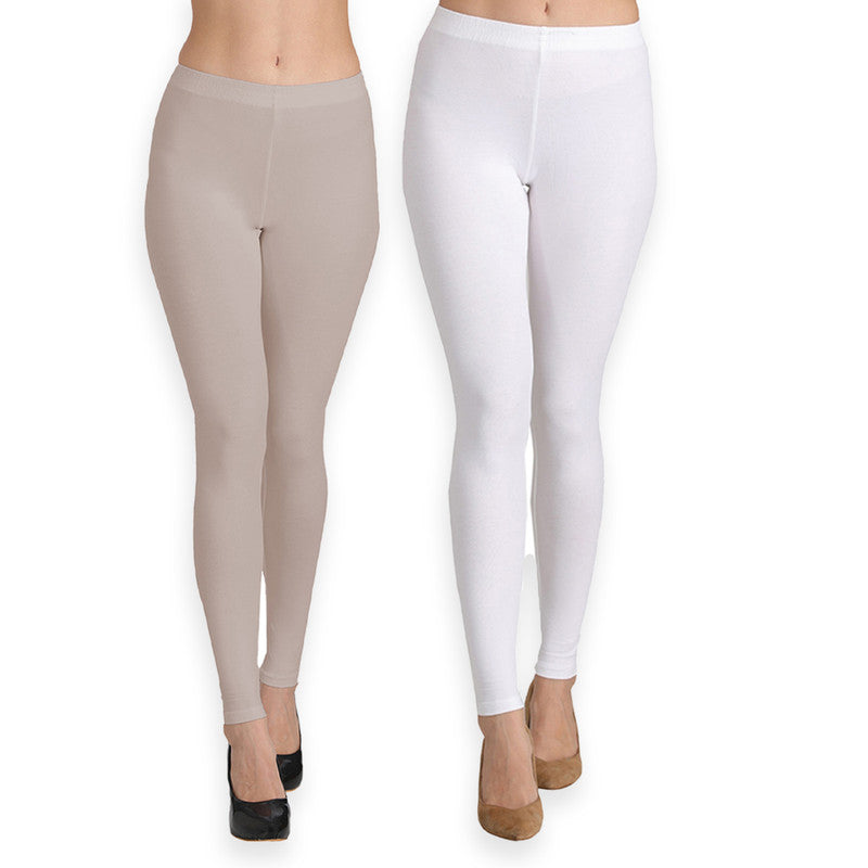 Groversons Paris Beauty Women's Pack of 2 Regular Leggings (CEMENT & WHITE)