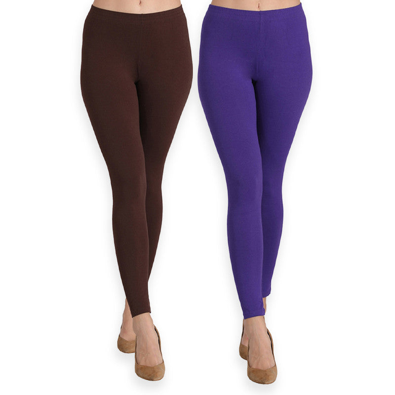 Groversons Paris Beauty Women's Pack of 2 Regular Leggings (COFFEE & PURPLE)