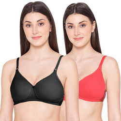 Groversons Paris Beauty Women's Pack of 2 Padded, Non-Wired, Seamless T-Shirt Bra (COMB28-CORAL & BLACK)