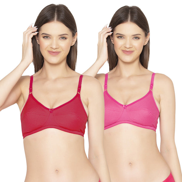 Groversons Paris Beauty Women's Pack Of 2 Non-Padded-Non-Wired Everyday Bra Cotton Bra (COMB40-Coral & Hot Pink)