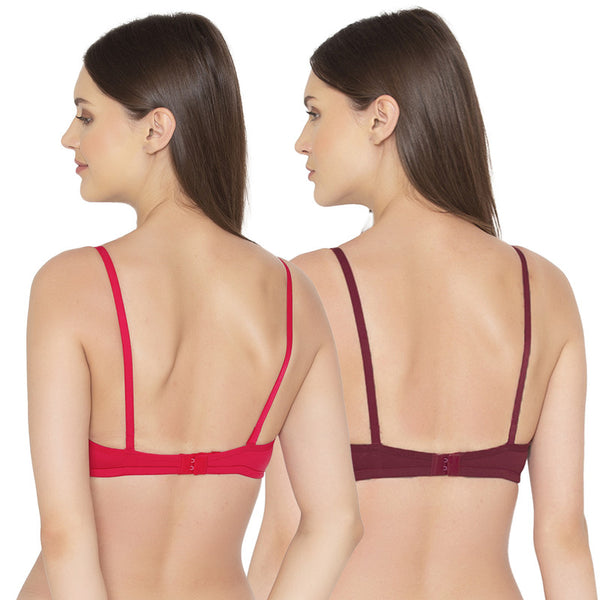Groversons Paris Beauty Women's Pack Of 2 Non-Padded-Non-Wired Everyday Bra Cotton Bra (COMB40-Coral & Maroon)