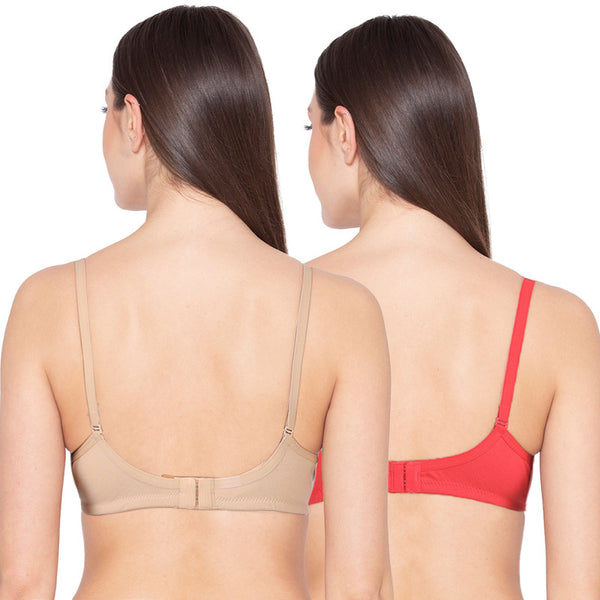 Groversons Paris Beauty Women's Pack of 2 Padded, Non-Wired, Seamless T-Shirt Bra (COMB28-CORAL & NUDE)
