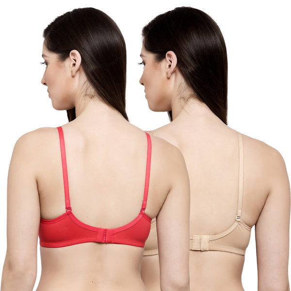Groversons Paris Beauty Women's Pack of 2 Padded, Non-Wired, Seamless T-Shirt Bra (COMB33-Coral & Nude)