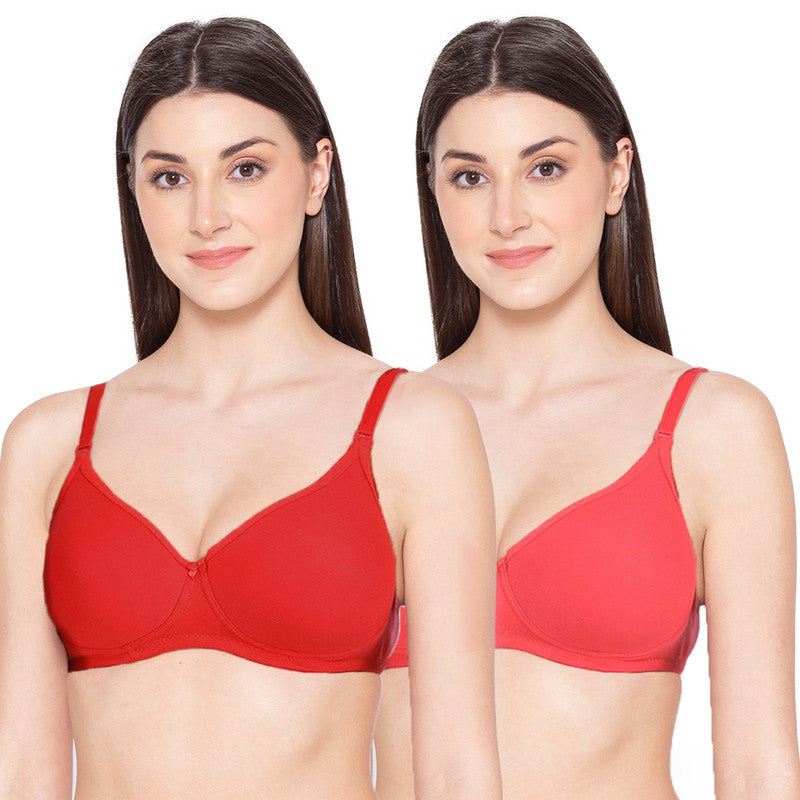 Groversons Paris Beauty Women's Pack of 2 Padded, Non-Wired, Seamless T-Shirt Bra (COMB28-CORAL & RED)