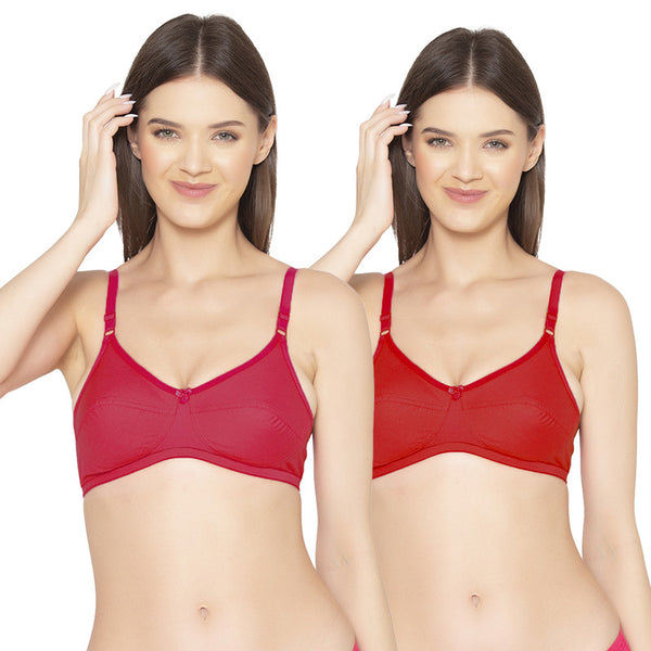 Groversons Paris Beauty Women's Pack Of 2 Non-Padded-Non-Wired Everyday Bra Cotton Bra (COMB40-Coral & Red)