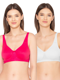 Women’s Pack of 2 Full Support, Non-Padded Seamless T-Shirt Bra (COMB07-WHITE & FUSHIA)