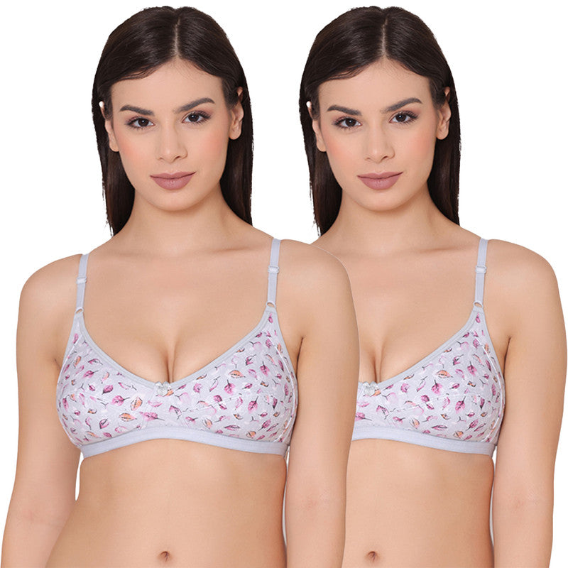Groversons Paris Beauty Women’s Pack of 2 Leaf Print Full Coverage, Non-Padded, Cotton T-shirt Bra (COMB34-Grey)