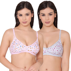 Groversons Paris Beauty Women’s Pack of 2 Leaf Print Full Coverage, Non-Padded, Cotton T-shirt Bra (COMB34-Grey & Pink)