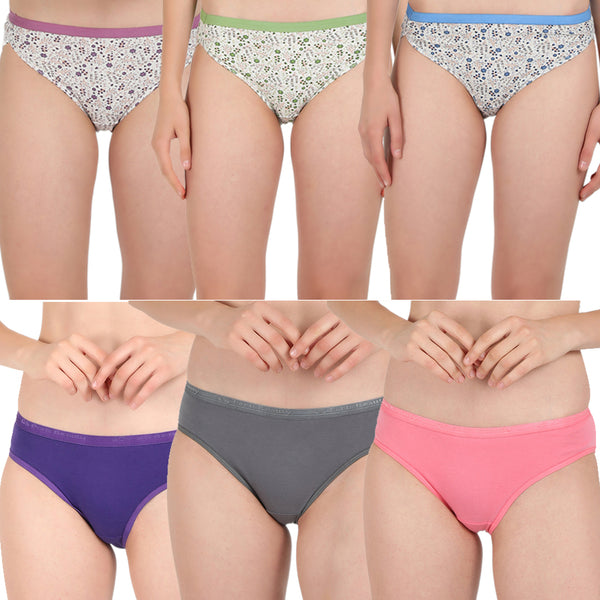 Set of 6 panties – 3 in plain solid colors and 3 in print