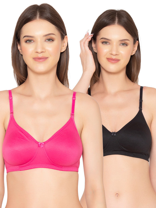 Women's Pack of 2 seamless Non-Padded, Non-Wired Bra (COMB03-HOT PINK-&-BLACK)