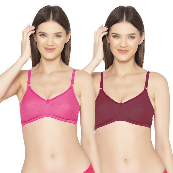 Groversons Paris Beauty Women's Pack Of 2 Non-Padded-Non-Wired Everyday Bra Cotton Bra (COMB40-Hot Pink & Maroon)