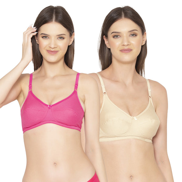 Groversons Paris Beauty Women's Pack Of 2 Non-Padded-Non-Wired Everyday Bra Cotton Bra (COMB40-Hot Pink & Skin)