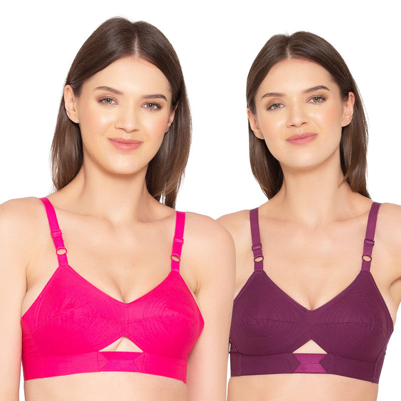 Women's Full Coverage, Non-Padded, Organic Cotton Bra (COMB05-HOT PINK & WINE)