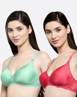 Lace Embellished Non Wired Padded Aqua & Coral Color Bra- Pack of 2