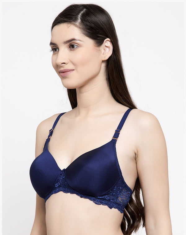 Vintage Lace Padded Non Wired Bra-Navy Blue