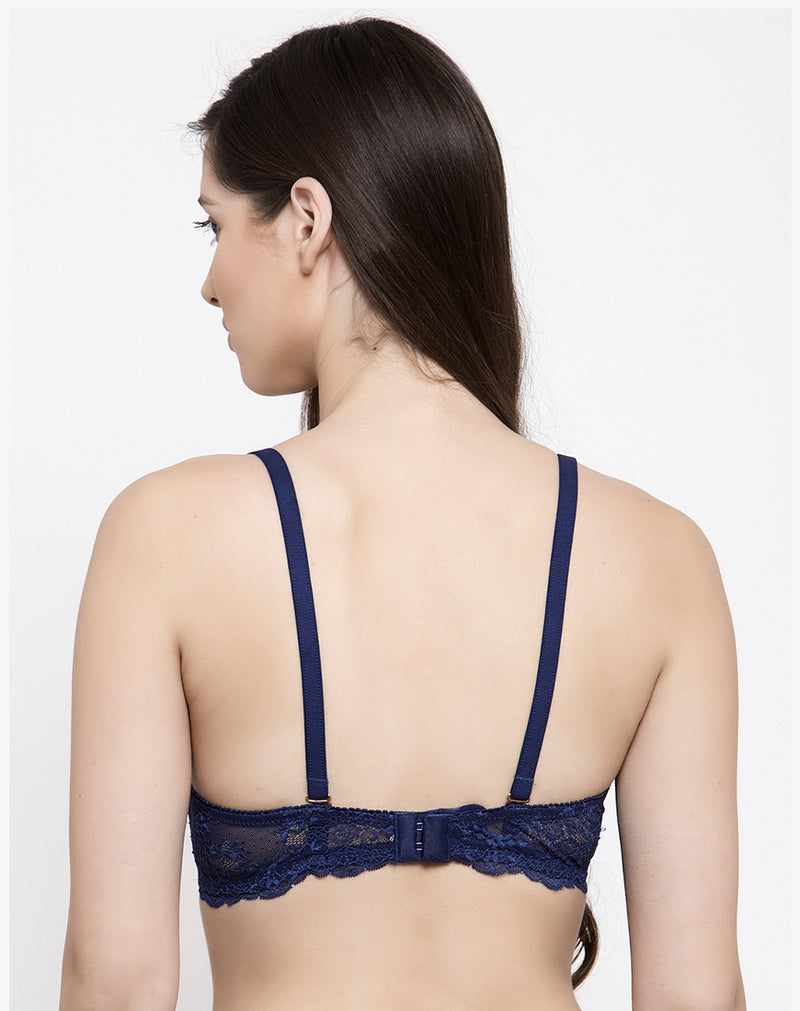 Vintage Lace Padded Non Wired Bra-Navy Blue