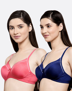 Non Wired Soft Padded Coral & Navy Color Bra- Pack of 2