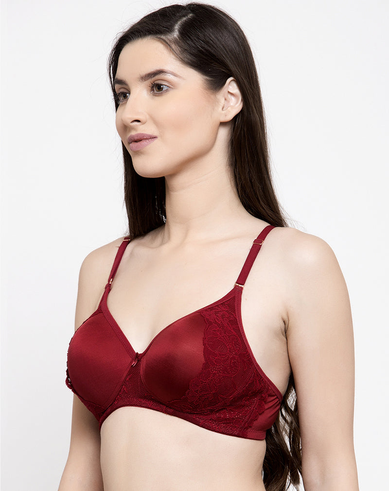 Delicate Lace Bras-Buy Non Wired Padded Maroon Lace Bra Online