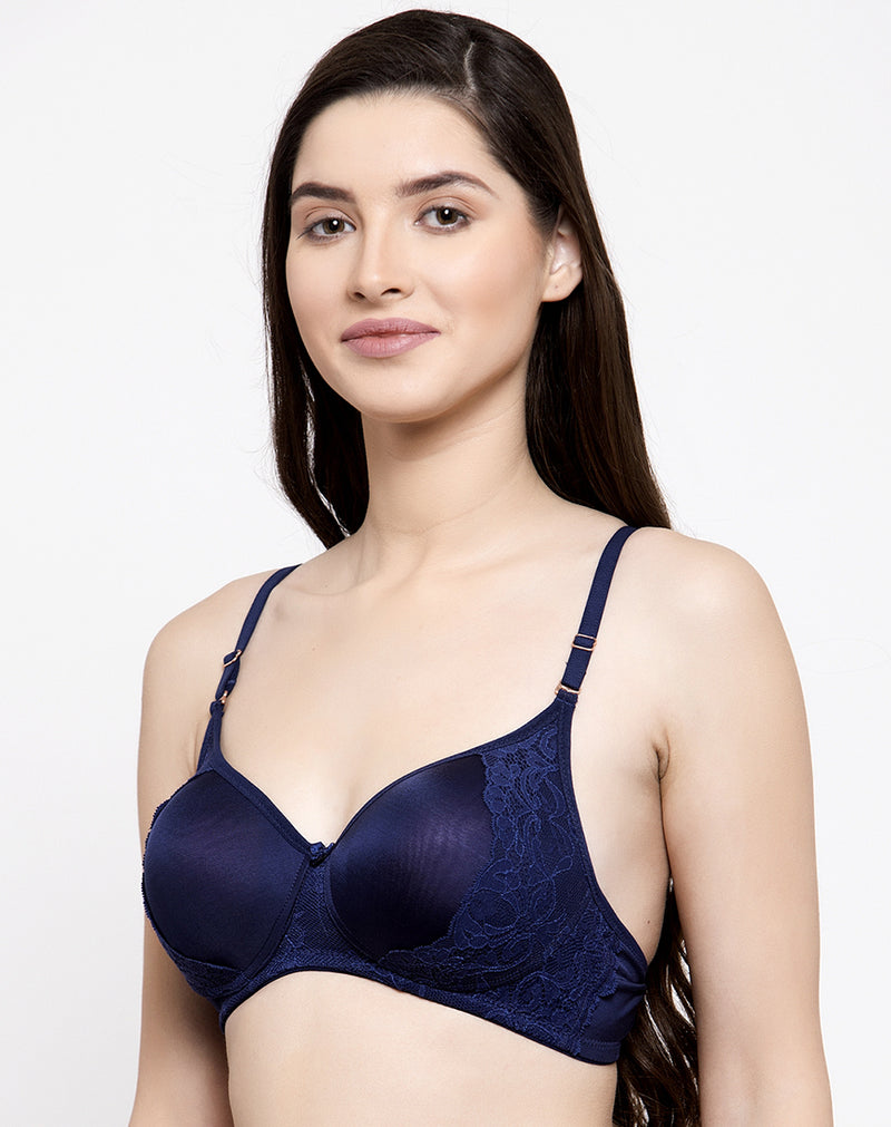 Lace Bra-Buy Non Wired Padded Navy Blue Lace Bra Online