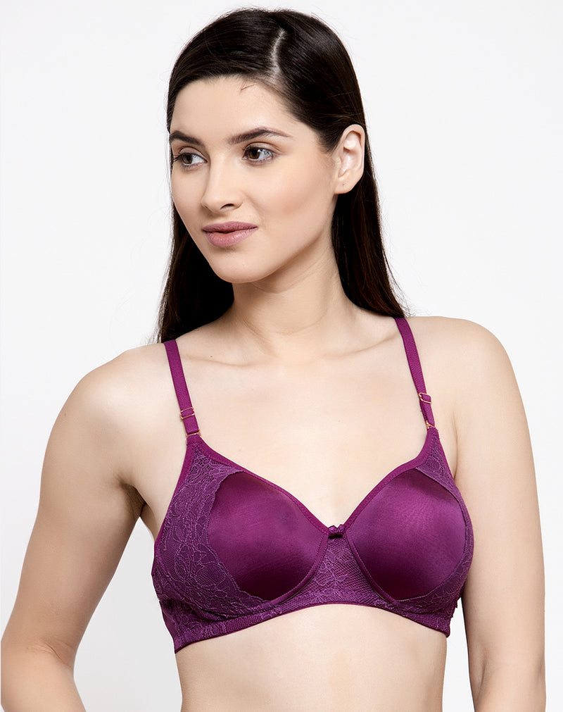 Lace Bra-Buy Non Wired Padded Wine Lace Bra Online in India
