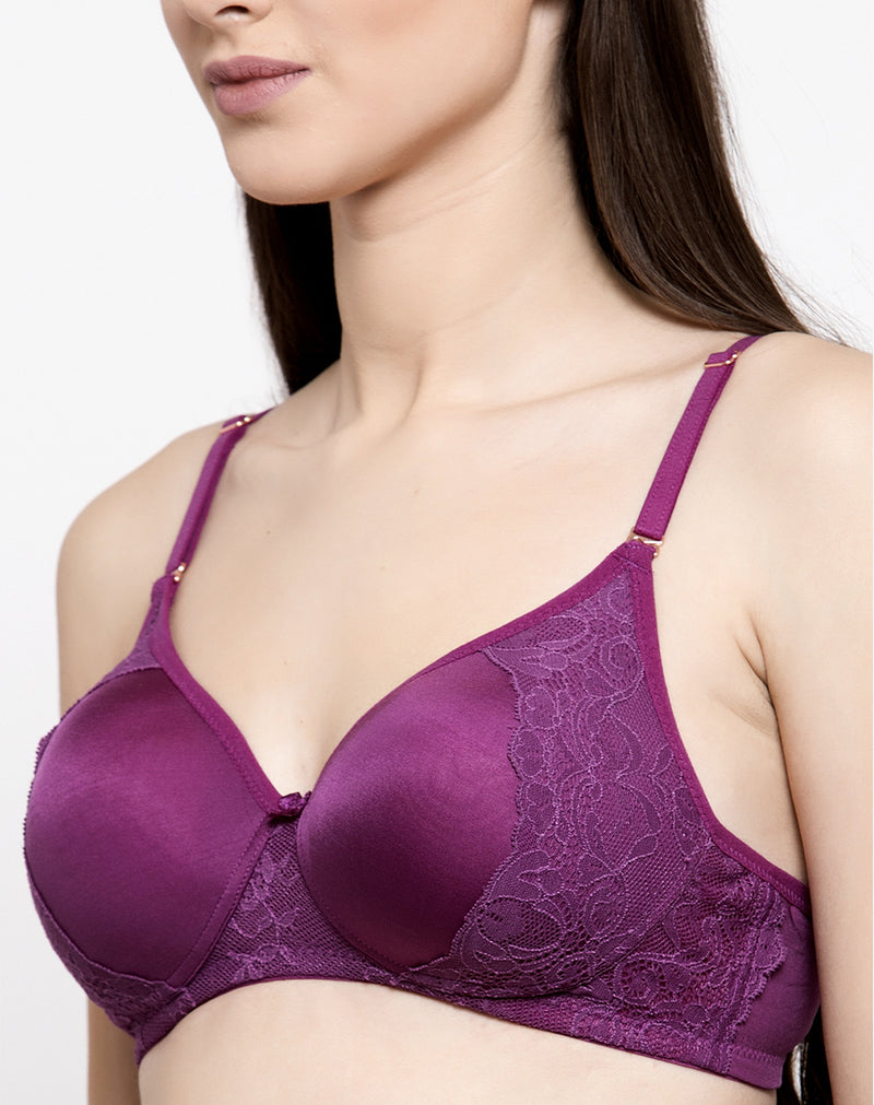 Lace Bra-Buy Non Wired Padded Wine Lace Bra Online in India