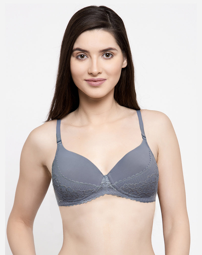 Crafted With Lace Non Wired Padded Bra- Light Grey