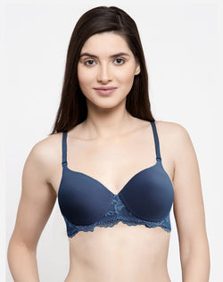 Decorated With Lace Non Wired Padded Bra- Navy Blue