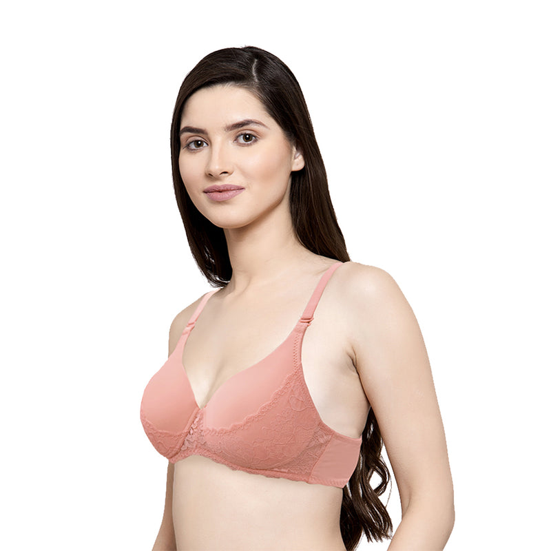 Groversons Paris Beauty Vintage Lace Padded Non Wired Bra-Peach