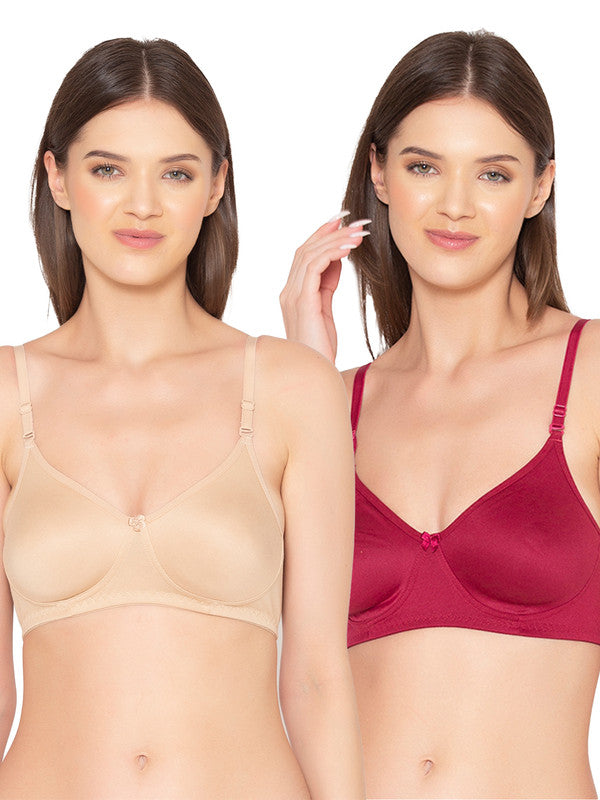 Women's Pack of 2 seamless Non-Padded, Non-Wired Bra (COMB03-MAROON-&-NUDE)