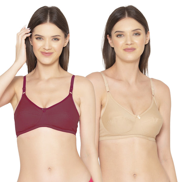 Groversons Paris Beauty Women's Pack Of 2 Non-Padded-Non-Wired Everyday Bra Cotton Bra (COMB40-Maroon & Nude)