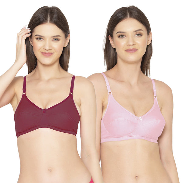 Groversons Paris Beauty Women's Pack Of 2 Non-Padded-Non-Wired Everyday Bra Cotton Bra (COMB40-Maroon & Pink)