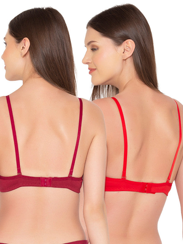 Groversons Paris Beauty Women's Pack of 2 Padded, Non-Wired, Seamless T-Shirt Bra (COMB25-MAROON & RED)
