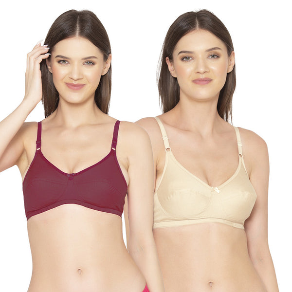 Groversons Paris Beauty Women's Pack Of 2 Non-Padded-Non-Wired Everyday Bra Cotton Bra (COMB40-Maroon & Skin)