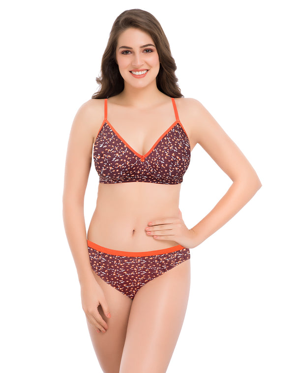 Assorted Small Floral Printed Wire-free Cotton T-shirt Bra & Panty Set- Maroon