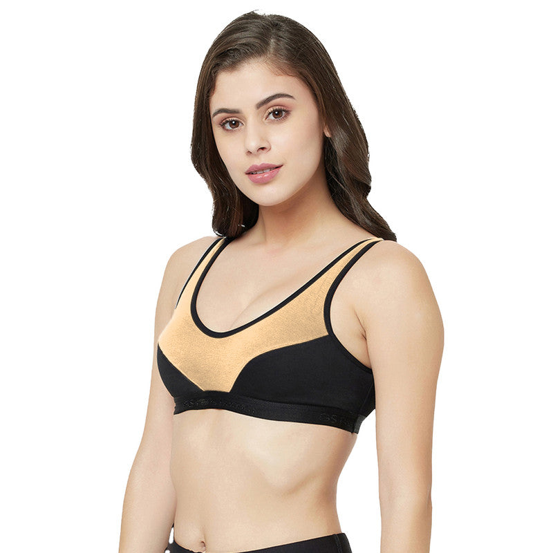 Groversons Paris Beauty Women's Non-Padded Non-Wired Seamed Full Coverage Sports Bra (BR171-NUDE-BLACK)