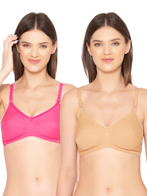 Women's Pack of 2 Non-Padded, Wirefree, Full-Coverage Bra (COMB06-HOT PINK & NUDE)