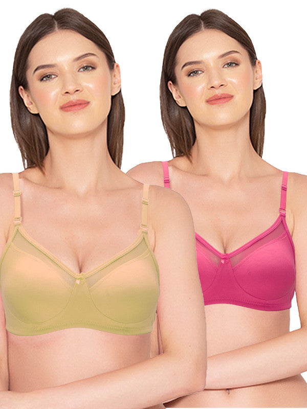 Groversons Paris Beauty Women's Pack of 2 Non-Padded Non-Wired Full Coverage Bra (COMB04-NUDE & HOT PINK)