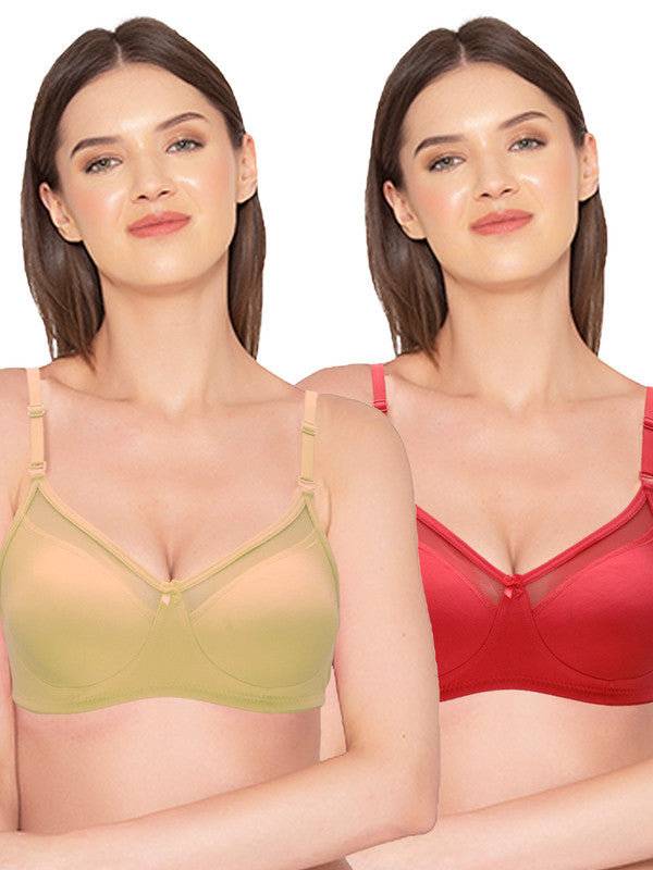 Groversons Paris Beauty Women's Pack of 2 Non-Padded Non-Wired Full Coverage Bra (COMB04-NUDE & RED)