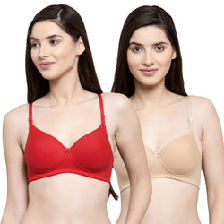 Groversons Paris Beauty Women's Pack of 2 Padded, Non-Wired, Seamless T-Shirt Bra (COMB33-Nude & Red)