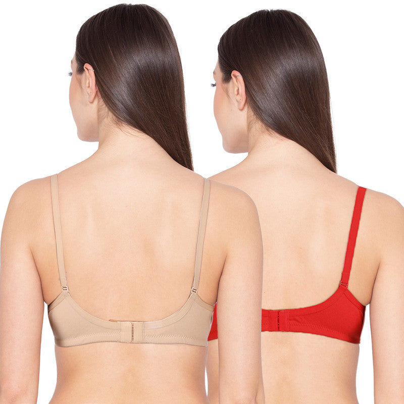 Groversons Paris Beauty Women's Pack of 2 Padded, Non-Wired, Seamless T-Shirt Bra (COMB28-NUDE & RED)