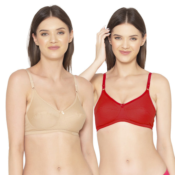 Groversons Paris Beauty Women's Pack Of 2 Non-Padded-Non-Wired Everyday Bra Cotton Bra (COMB40-Nude & Red)