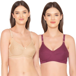 Groversons Paris Beauty Pack of 2 Full Support Non Padded Non Wired Plus Size Basic Bra (COMB27-Nude & Wine)